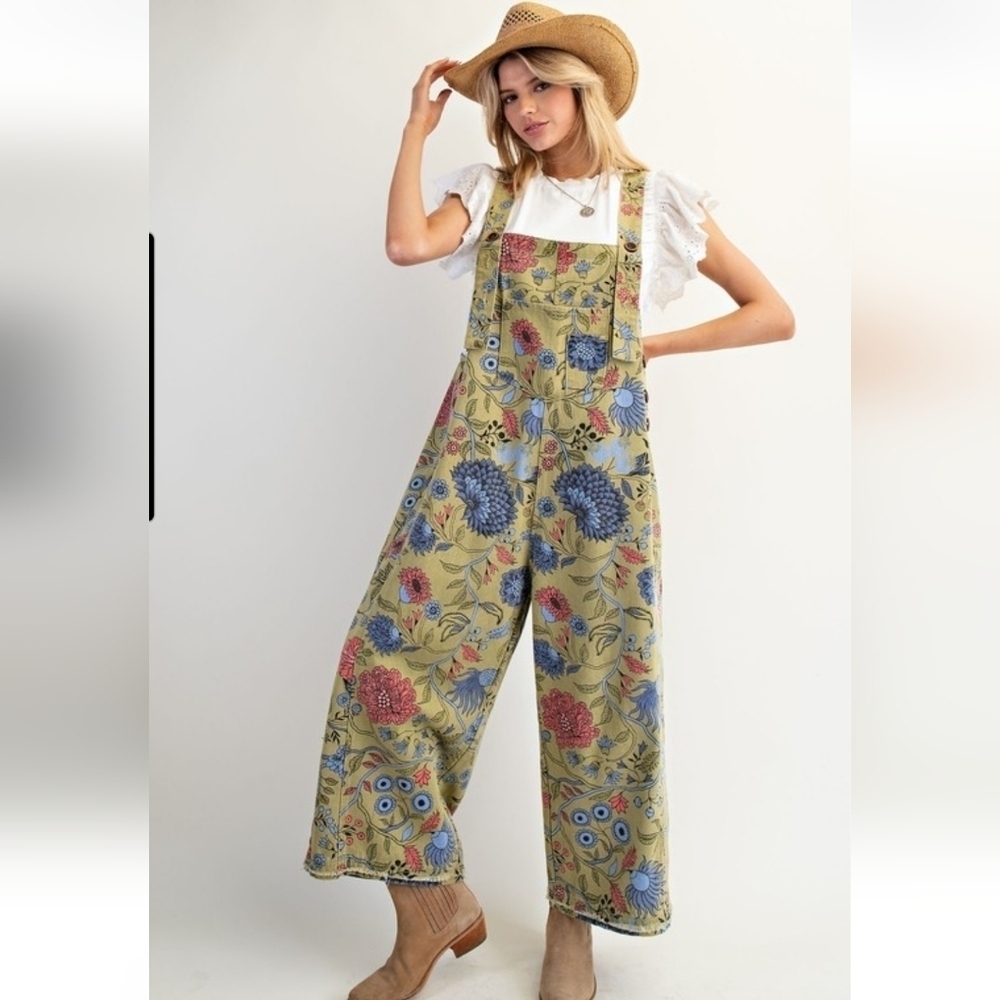 Easel Sage Green Washed Denim Floral Overalls Jumpsuit New
